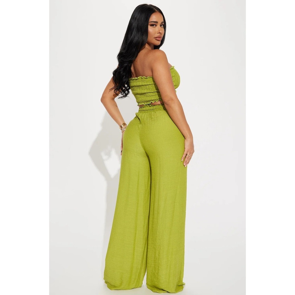 Fashion Nova Vacation Time Pant Set w/ Smocked Bandeau - Chartreuse - XL - Picture 2 of 2